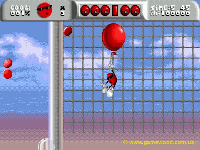 Скриншот игры Cool Spot («Крутой Спот») | Sega Mega Drive 2 (Genesis) | На воздушном шарике