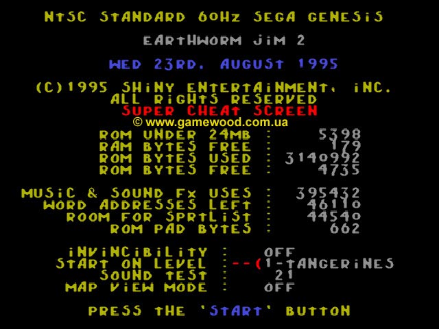 Скриншот игры Earthworm Jim 2 («Червяк Джим 2») | Sega Mega Drive 2 (Genesis) | Секретное меню