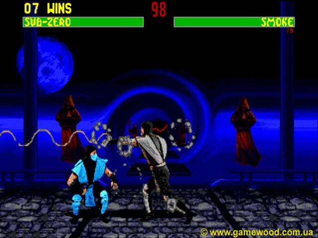 Скриншот игры Mortal Kombat 2 («Смертельный бой 2») | Sega Mega Drive 2 (Genesis) | Sub-Zero против Smoke