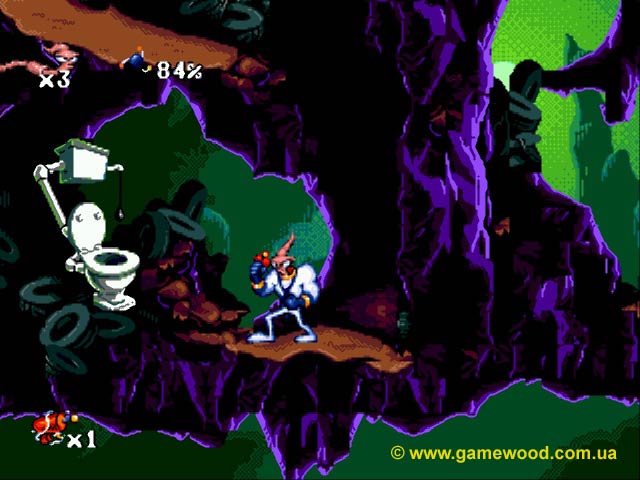 Скриншот игры Earthworm Jim («Червяк Джим») | Sega Mega Drive 2 (Genesis) | Унитаз-телепорт