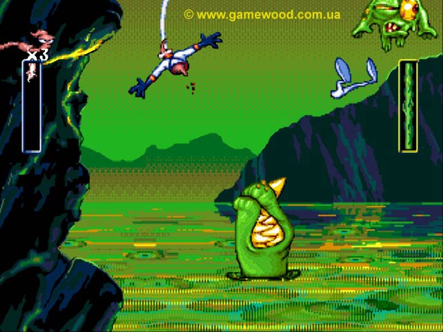 Скриншот игры Earthworm Jim («Червяк Джим») | Sega Mega Drive 2 (Genesis) | Перекусил напополам