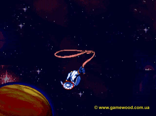 Скриншот игры Earthworm Jim («Червяк Джим») | Sega Mega Drive 2 (Genesis) | Где-то в космосе
