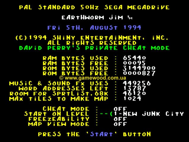 Скриншот игры Earthworm Jim («Червяк Джим») | Sega Mega Drive 2 (Genesis) | Секретное меню