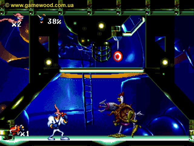 Скриншот игры Earthworm Jim («Червяк Джим») | Sega Mega Drive 2 (Genesis) | Механическая курица