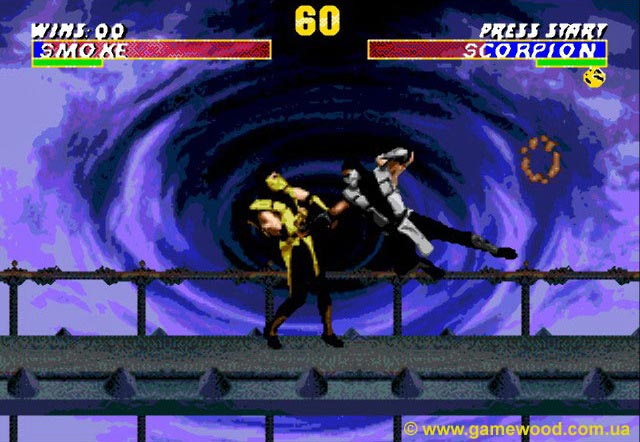 Скриншот игры Ultimate Mortal Kombat 3 («Смертельный бой 3. Дополненная версия», «Супер Мортал Комбат 3») | Sega Mega Drive 2 (Genesis) | Классический Смоук против Скорпиона