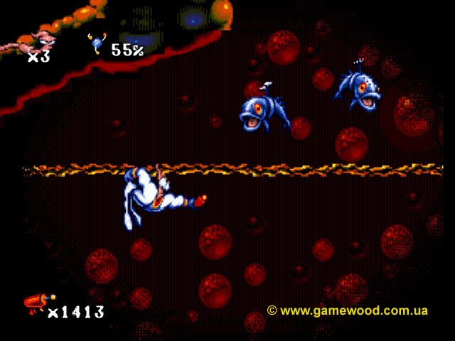Скриншот игры Earthworm Jim («Червяк Джим») | Sega Mega Drive 2 (Genesis) | Рыбки на взводе