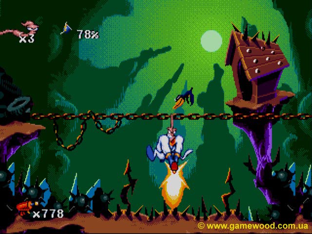 Скриншот игры Earthworm Jim («Червяк Джим») | Sega Mega Drive 2 (Genesis) | Вредные вороны