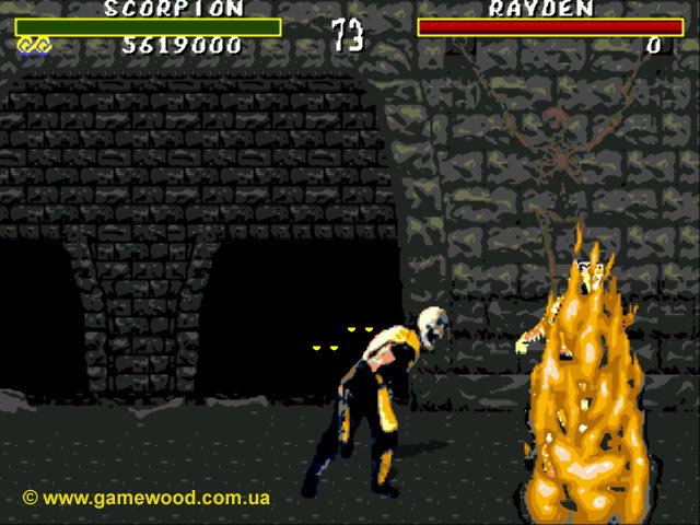 Скриншот игры Mortal Kombat («Мортал Комбат») | Sega Mega Drive 2 (Genesis) | Костёр от Скорпиона