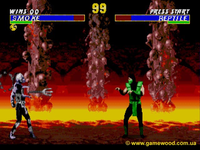 Скриншот игры Ultimate Mortal Kombat 3 («Смертельный бой 3. Дополненная версия», «Супер Мортал Комбат 3») | Sega Mega Drive 2 (Genesis) | Смоук против Рептилии