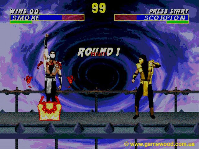 Скриншот игры Ultimate Mortal Kombat 3 («Смертельный бой 3. Дополненная версия», «Супер Мортал Комбат 3») | Sega Mega Drive 2 (Genesis) | Превращение в Классического Смоука