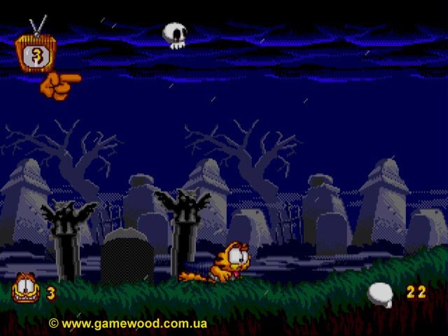 Скриншот игры Garfield: Caughtin the Act | Sega Mega Drive 2 (Genesis) | На кладбище страшно